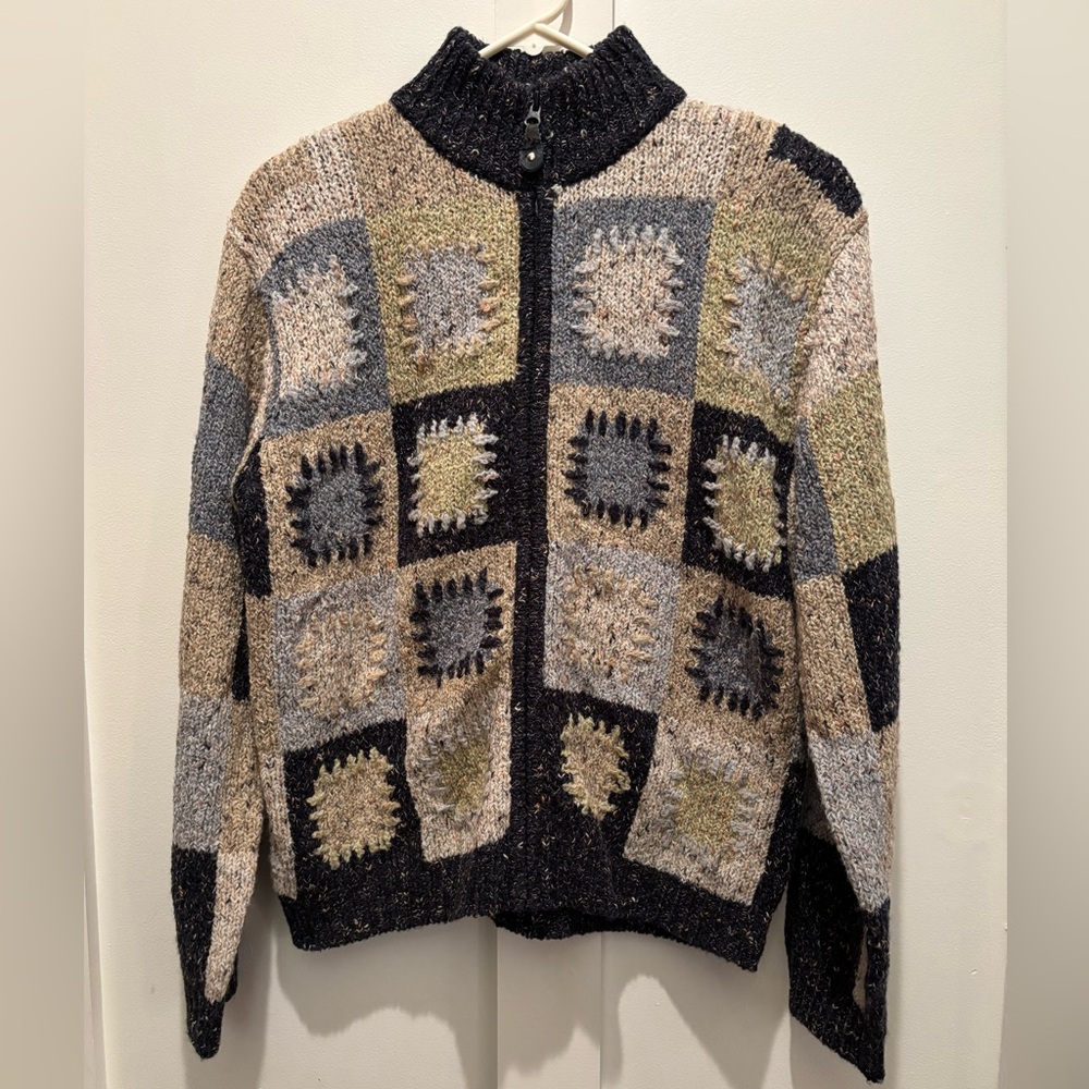 Vtg Dressbarn Patchwork Zip Up Cardigan Sweater XL